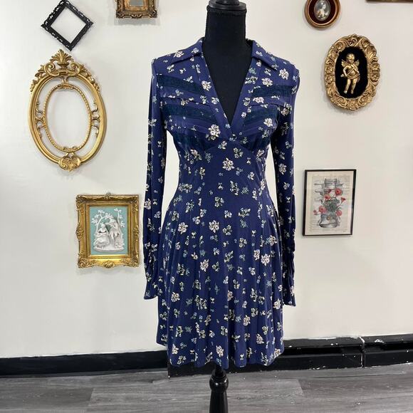 Free People Navy Floral Button-Front Mini Dress xs - Picture 1 of 3